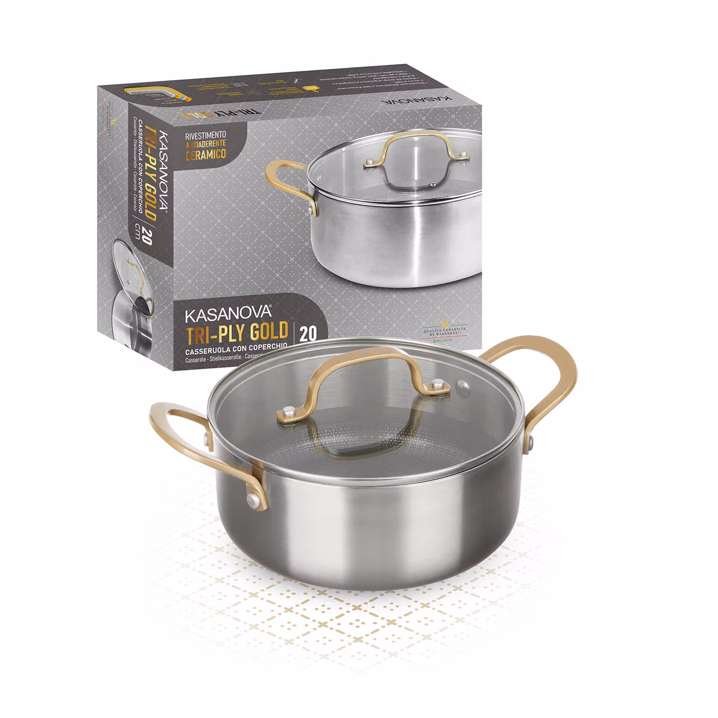 Casseruola Kasanova Tri Ply Gold con coperchio in vetro e rivestimento ceramico, Diametro: 20 cm – 2