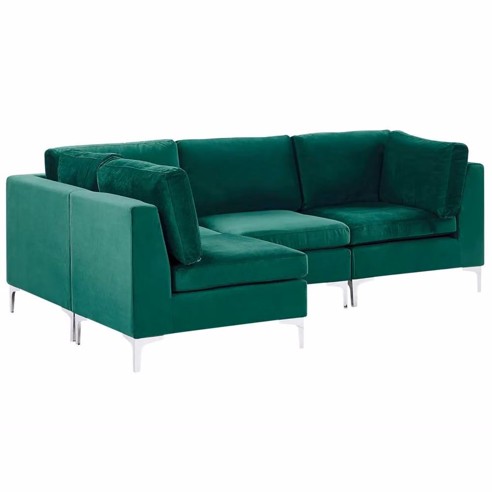 Divano angolare modulare Beliani in velluto verde con versione destra e gambe in metallo argento stile glamour L 235 x P 150 x H 84 cm – 2