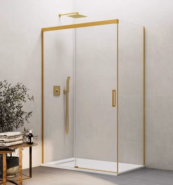 Box doccia angolare rettangolare BASI con vetro trasparente e finitura oro lucido, L: 140 cm, P: 75 cm