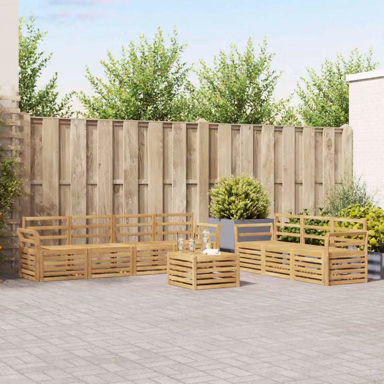 Set di divani da giardino vidaXL a forma di U in legno di acacia massello con cuscini bianchi e tavolo da caffè incluso
