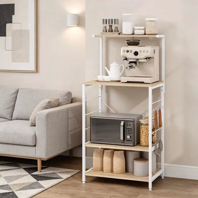 Scaffale da cucina e soggiorno multifunzione WISHDOR con 4 ripiani, struttura in metallo e MDF, bianco e beige, L: 60 cm, P: 40 cm, H: 123 cm