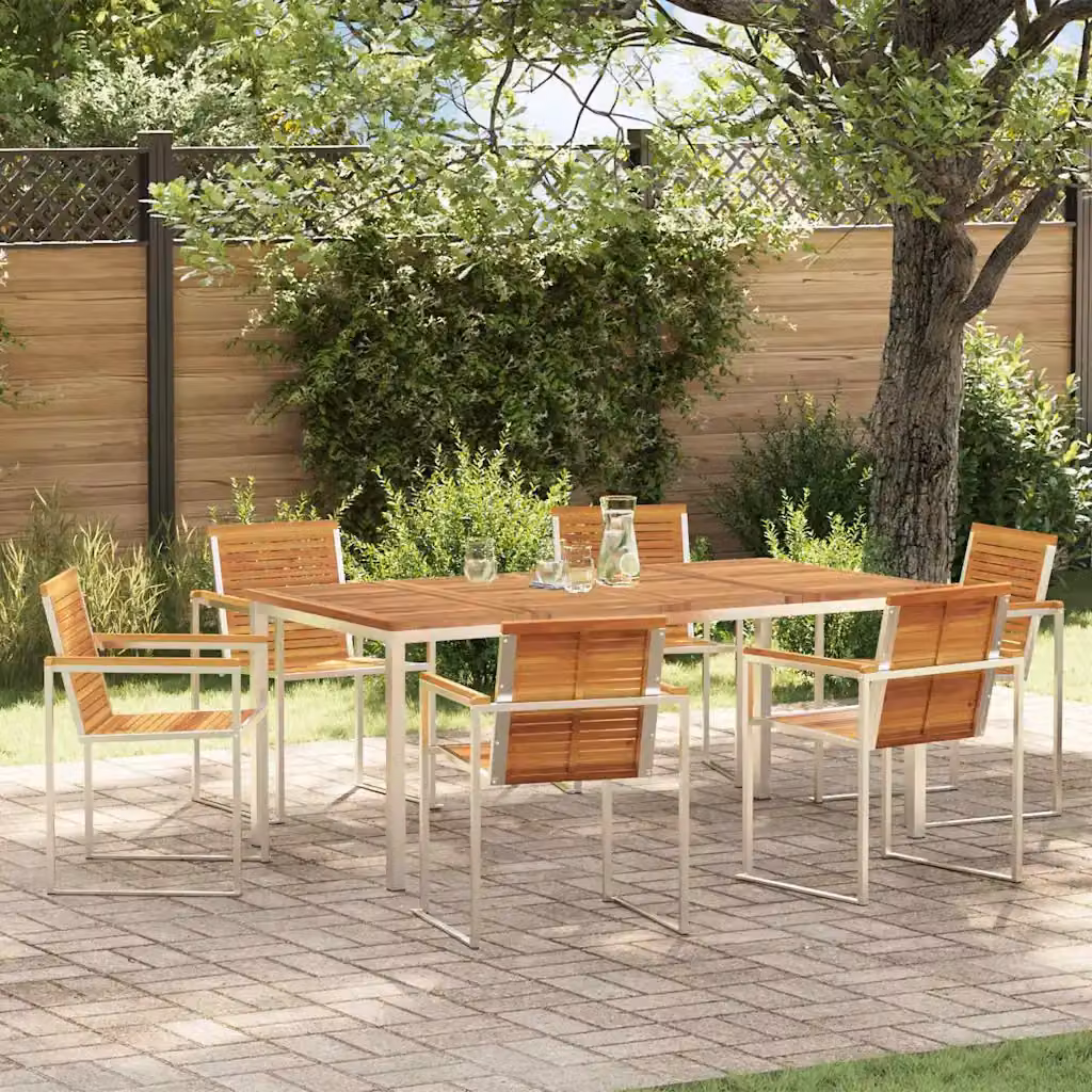 Set da pranzo per giardino e terrazzo vidaXL in legno di acacia e acciaio inossidabile, 7 pezzi, marrone e argento
