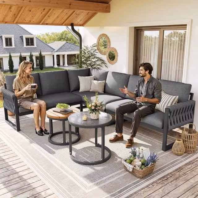 Set mobili da giardino modulari per 5-6 persone, gambe regolabili, cuscini seduta e schienale inclusi, impermeabili e rimovibili, grigio