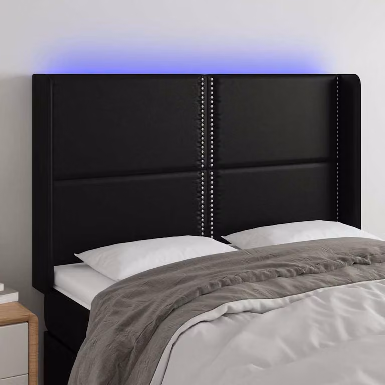 Testiera per letto vidaXL in similpelle nera con illuminazione LED integrata e porta di ricarica USB, L: 147 cm, P: 16 cm, H: 118/128 cm