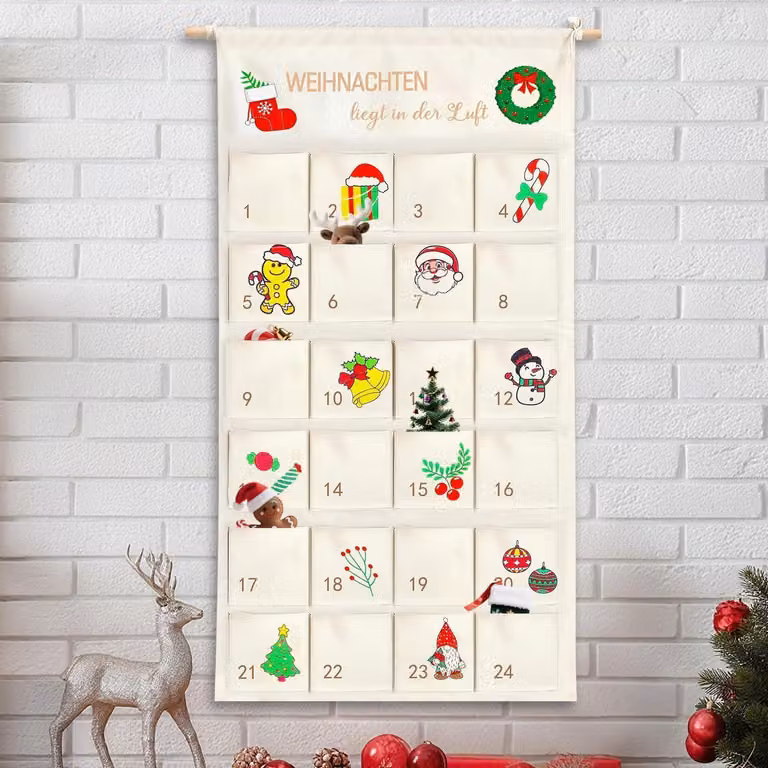 Calendario dell'Avvento da riempire, in tessuto, da appendere, dimensioni 100x50 cm, con 24 tasche, riutilizzabile, per l'anno 2026