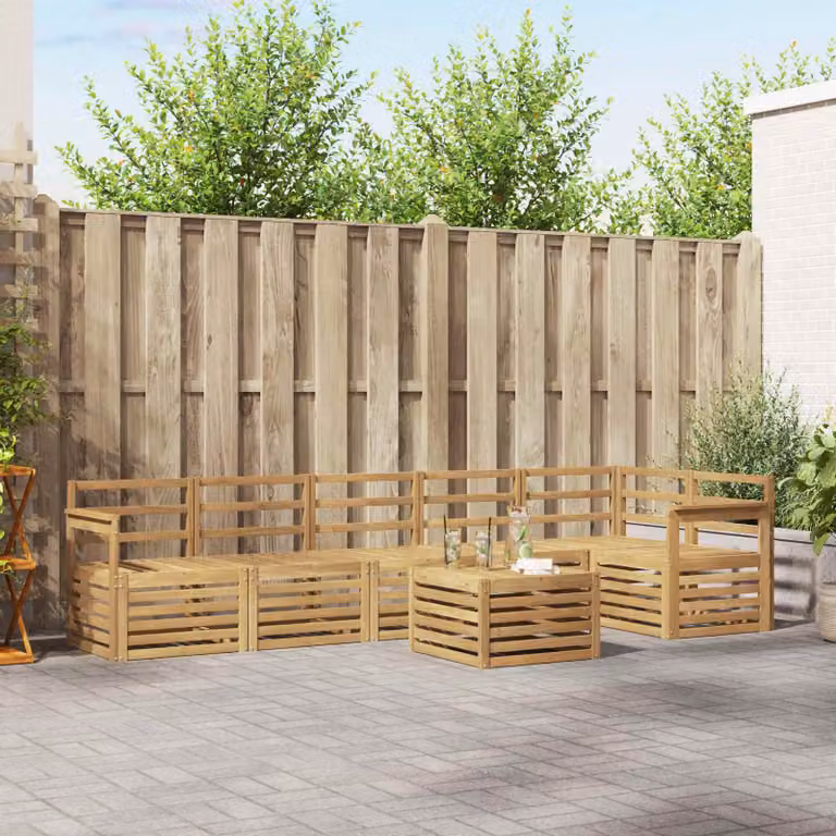 Set di divani da esterno vidaXL 7 pz in legno di acacia massello con cuscini bianchi e marroni per giardino e terrazza