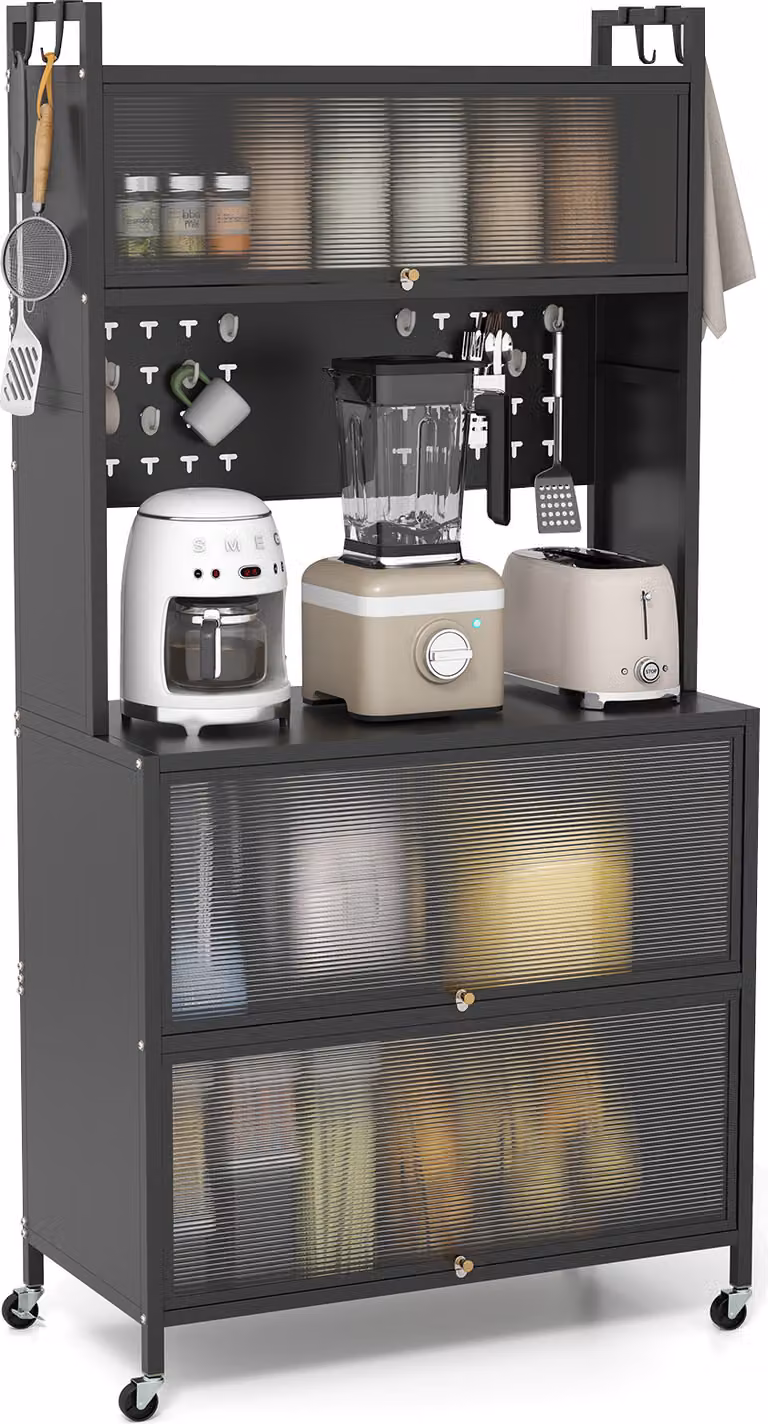 COSTWAY Mobile da cucina, scaffale da cucina con rotelle, mobile buffet con ante a ribalta, pannello a incastro, ganci e dispositivo antiribaltamento, mobile alto, 80 x 40 x 160 cm, nero