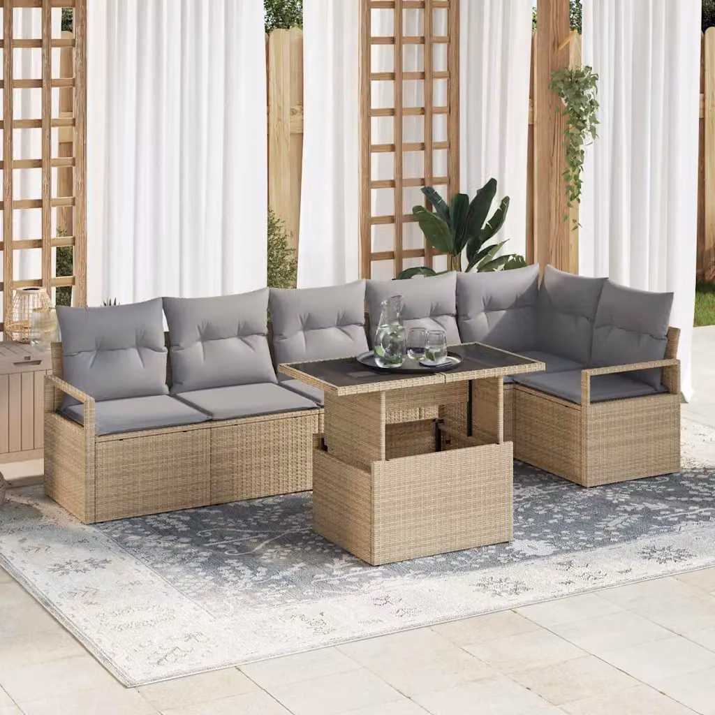 Set Divano da Giardino vidaXL 7 Pezzi a Forma di L con Tavolino e Pouf Beige in Polyrattan e Acciaio