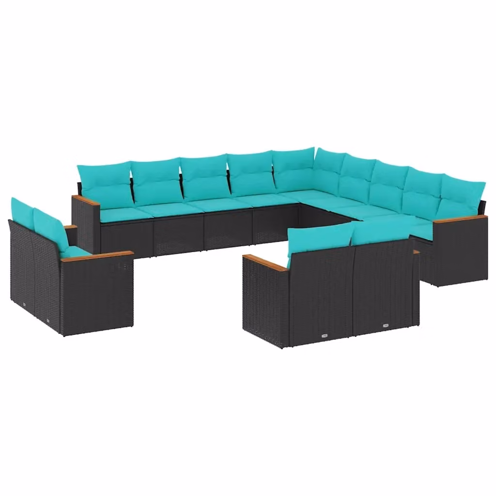 Set di divani da giardino a forma di U vidaXL in rattan con cuscini blu e turchesi e struttura in metallo nero – 2