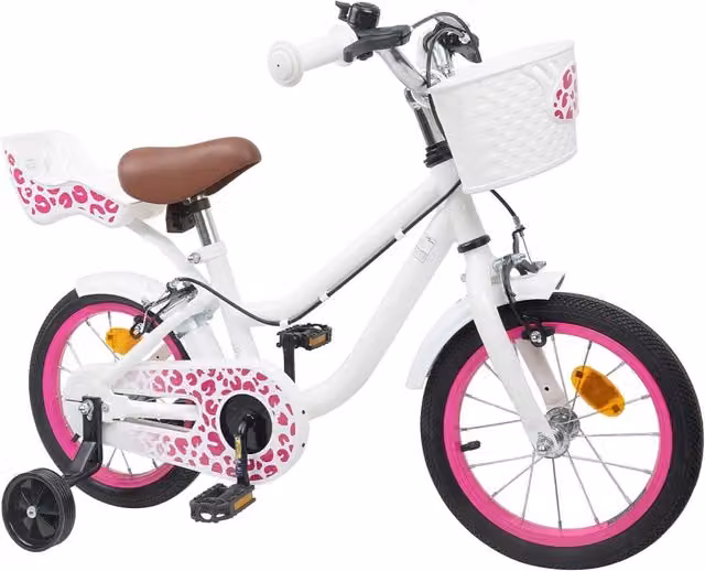 Bicicletta per bambini da 16 pollici bianca con struttura in metallo e dettagli in plastica e gomma