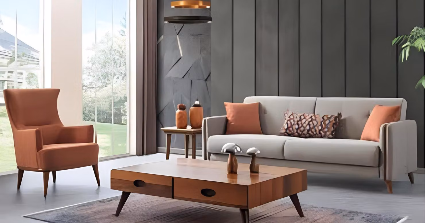 Moderne Polstergruppe Sitzmöbel Couch Garnitur 3+1 Sitzer Set Sessel Holz