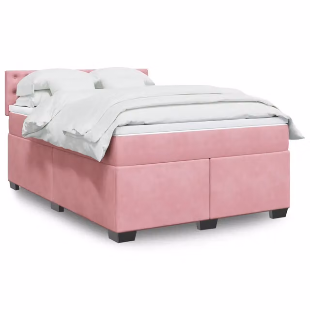 Letto matrimoniale moderno vidaXL in velluto rosa e bianco con materasso ibrido, illuminazione sottostante e porta USB, L/P/H: 140 x 200 cm