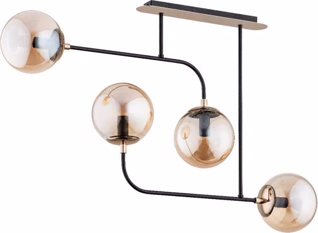 Lampadario moderno sospeso Alfa con 4 sfere in vetro ambra e nero oro