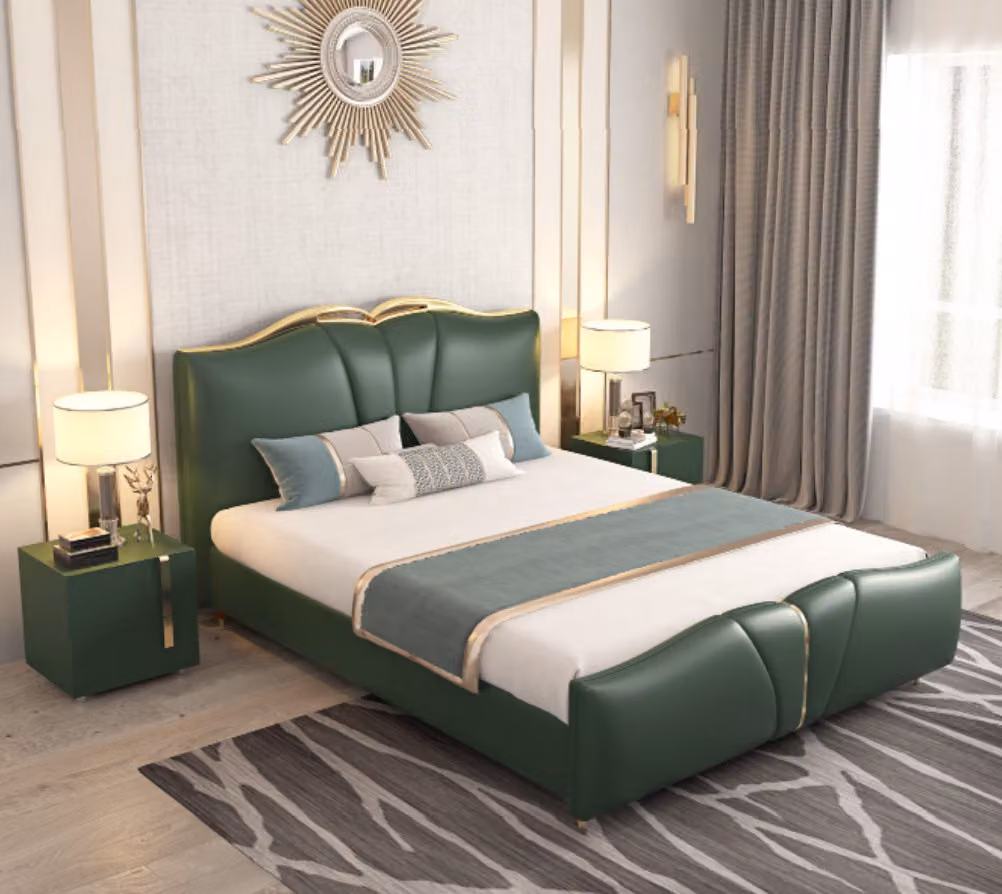 Designer Bett Schlafzimmer Betten Textil Leder Hotel Luxus Polster Sitz Metall
