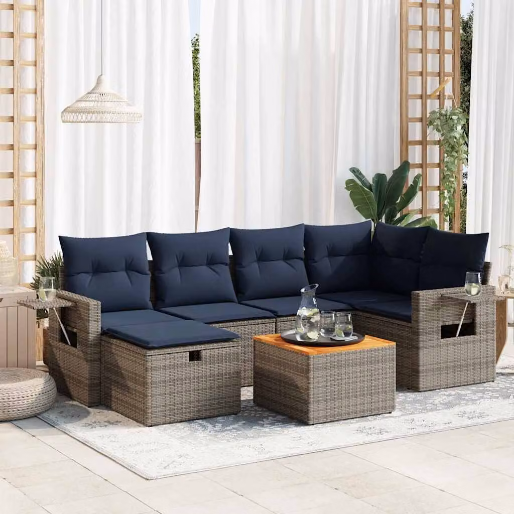 Set di divani da giardino vidaXL 7 pezzi in polyrattan con cuscini grigi e struttura in acciaio e legno di acacia con forma a L per esterno