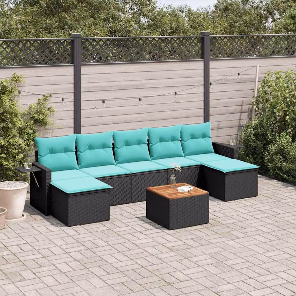 Set Divani da Giardino vidaXL 8 Pezzi in Polyrattan Nero con Cuscini e Tavolino
