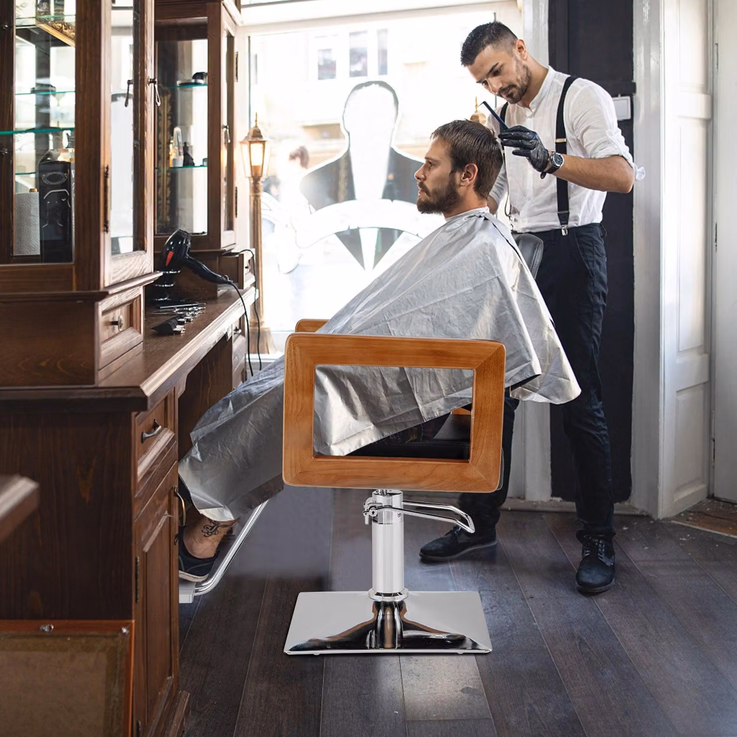 Poltrona da parrucchiere - Poltrona da barbiere - Poltrona per acconciature - Poltrona per styling - Poltrona per taglio capelli - Rotazione a 360°