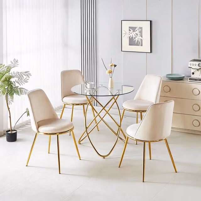 Set tavolo da pranzo e sedie 1 tavolo e 4 sedie con schienale alto in metallo e velluto bianco crema