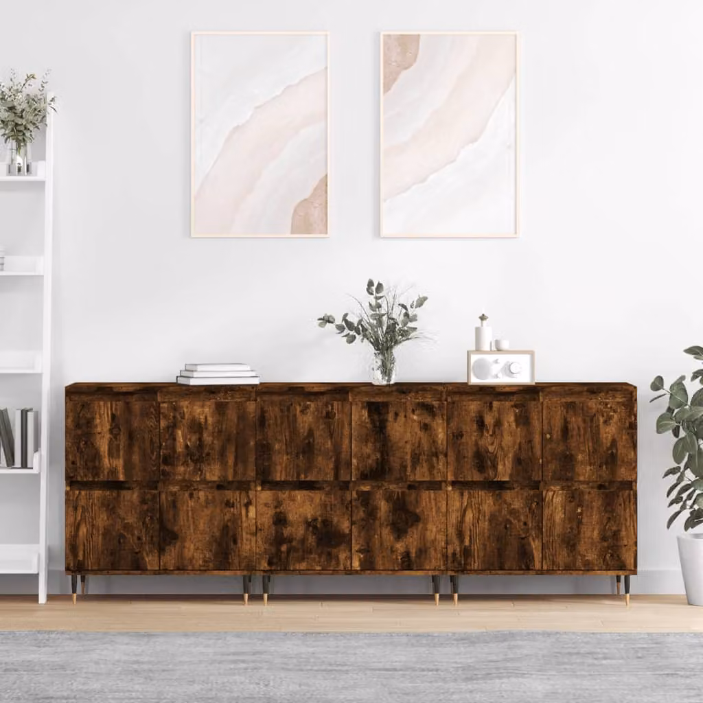Set di 3 credenze vidaXL in legno multistrato color rovere fumo e metallo