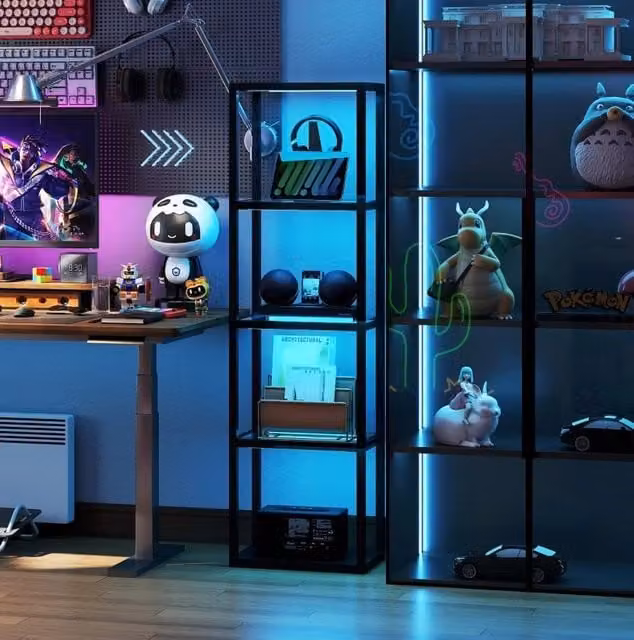 Lampada da terra RGB nera con 3 ripiani in vetro