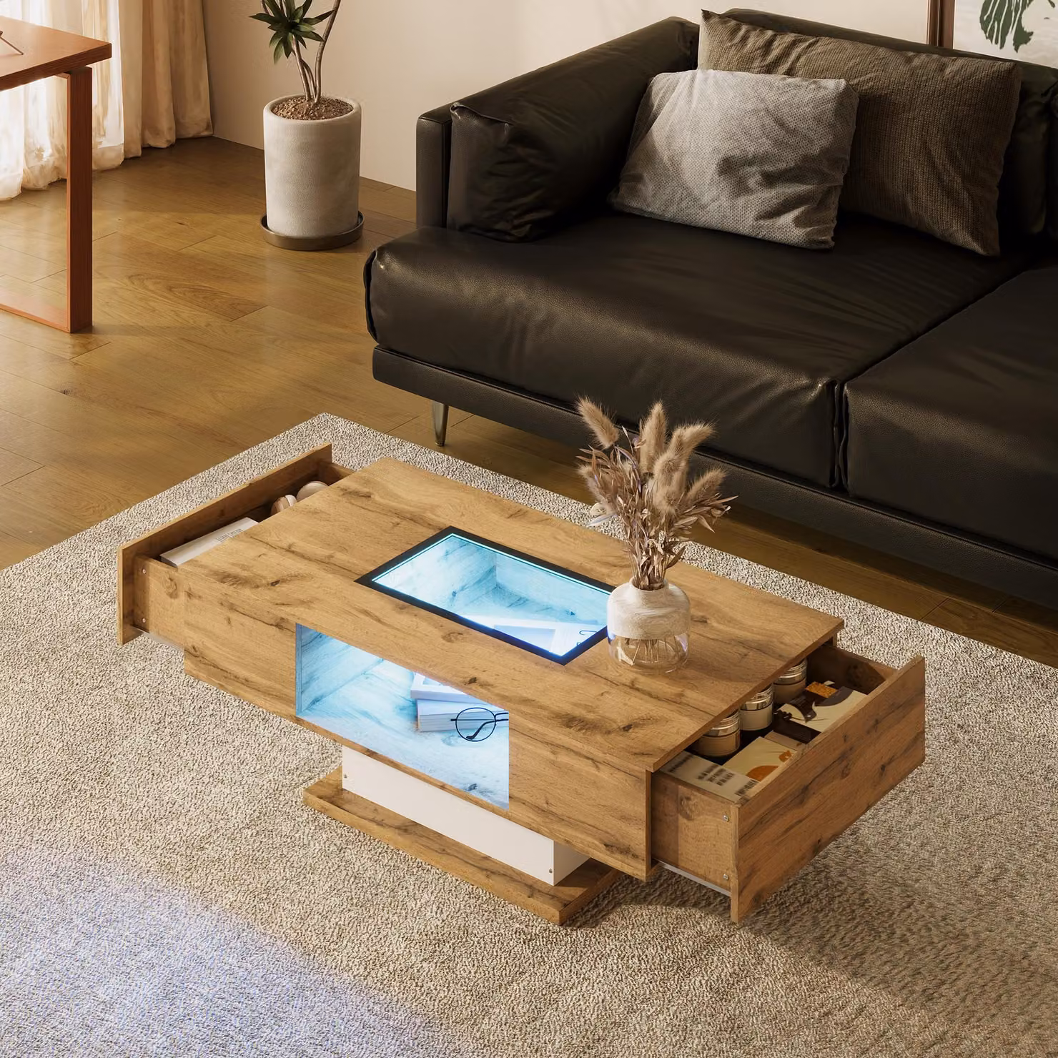 Tavolino in legno con illuminazione a LED, ripiano in vetro e 2 cassetti