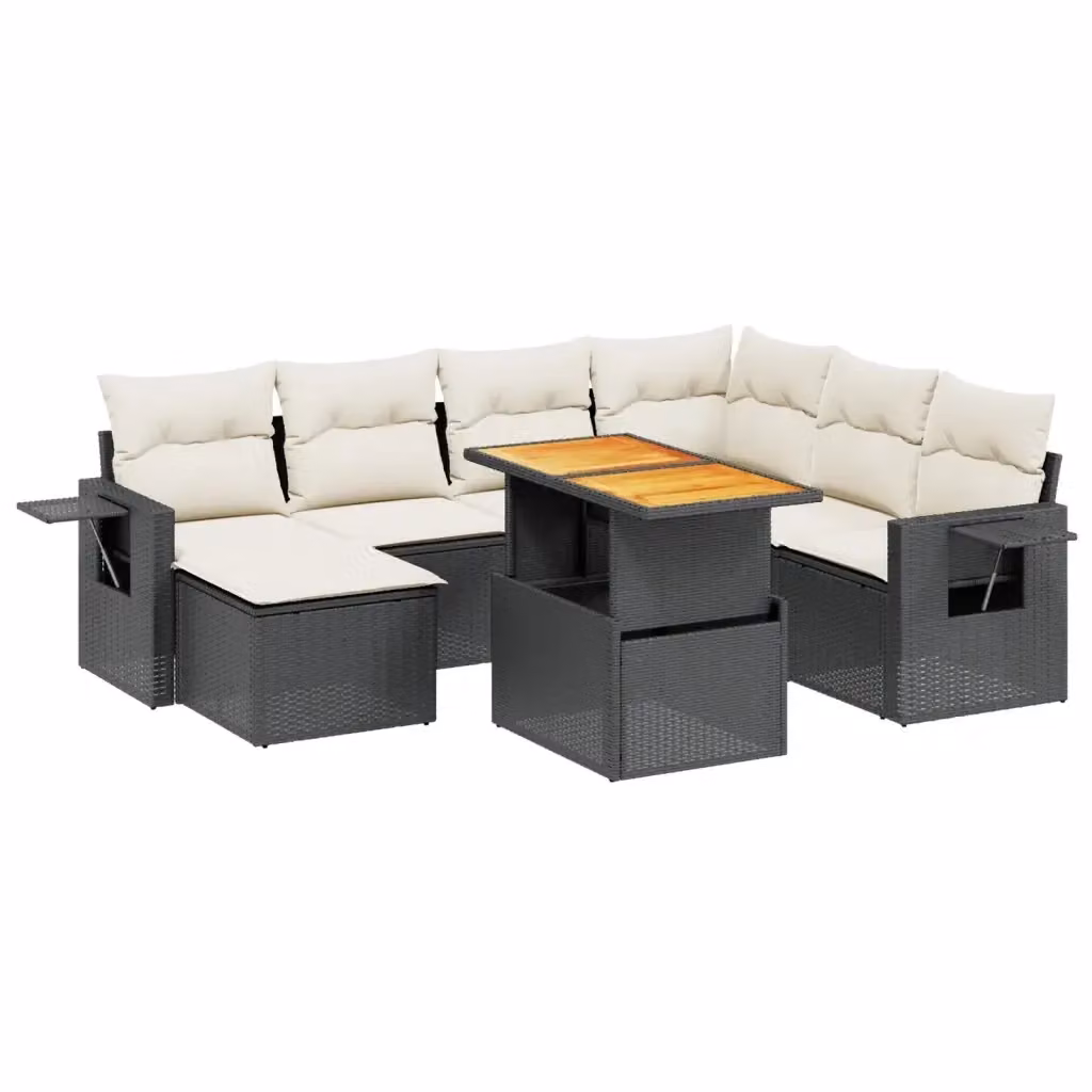 Set di divani da giardino vidaXL a forma di L con cuscini in polyrattan nero e tavolino da esterno, composto da 8 pezzi – 2