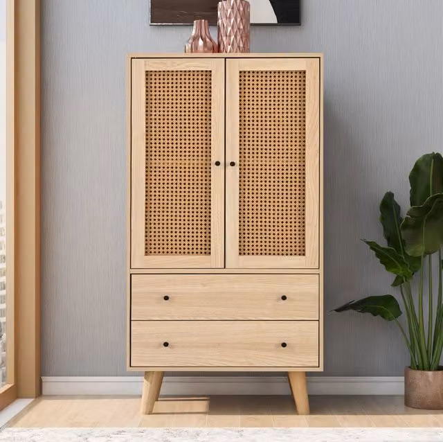 Credenza moderna MODFU in legno color pino e rattan marrone con finitura opaca, L: 60 cm, P: 40 cm, H: 120 cm