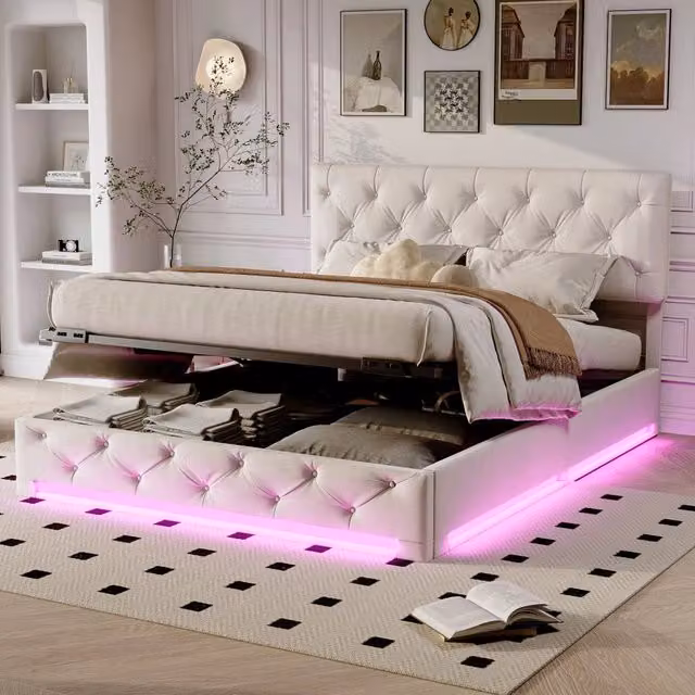Letto Matrimoniale Imbottito 140x200 cm; Contenitore Idraulico; Luce LED; Struttura Letto con Testiera in Lino; Beige; Senza Materasso