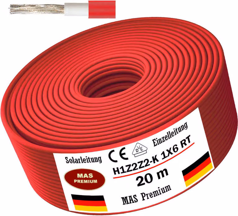 20m cavo solare cavo solare H1Z2Z2-K 6 mm² rosso fotovoltaico senza alogeni