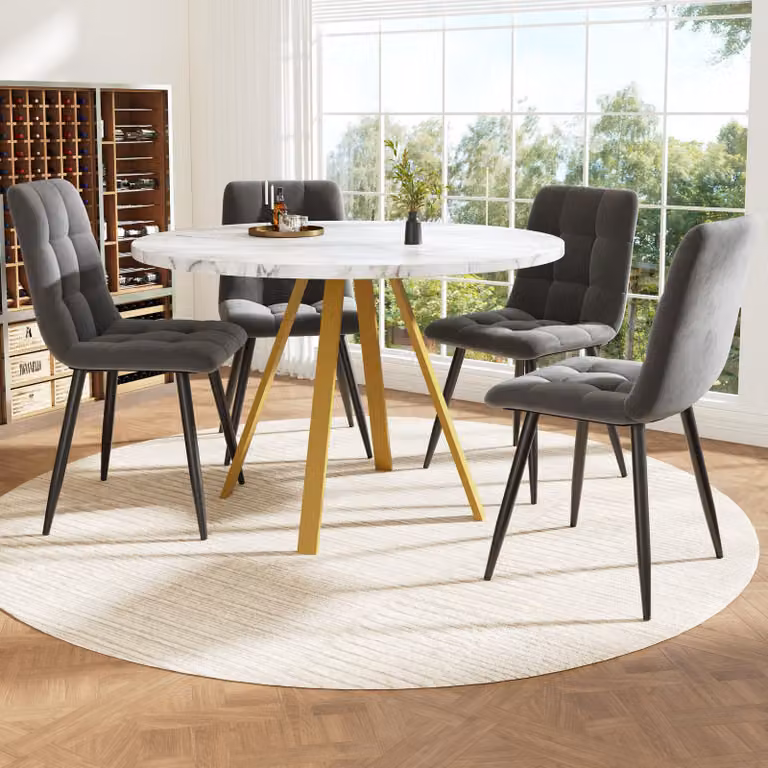 Set tavolo da pranzo Sweiko (5 pezzi), tavolo da pranzo rotondo, tavolo da pranzo 80×80×75 cm (incl. 4 sedie da pranzo), tavolino rotondo per 4 persone, sedie in velluto (incl. tavolo in marmo bianco), sedie da pranzo grigie