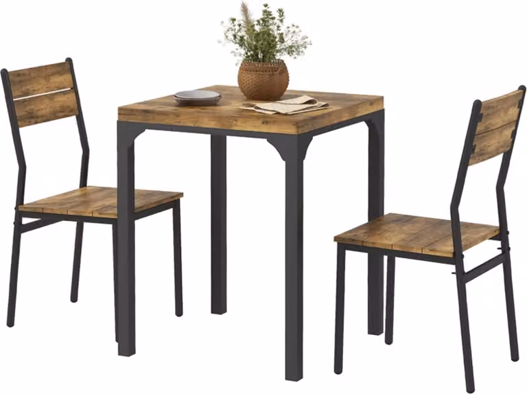 Set da pranzo a 3 pezzi, composto da 1 tavolo e 2 sedie, in MDF e metallo, marrone