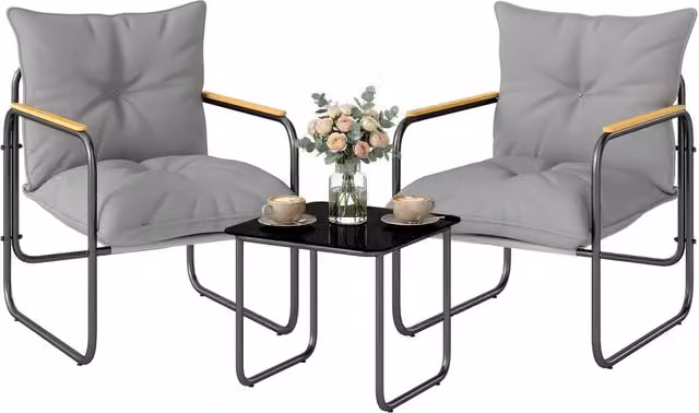 Set Bistrò da 3 Pezzi Moderno in Acciaio Verniciato Grigio con Tavolo in Vetro per Giardino e Terrazzo