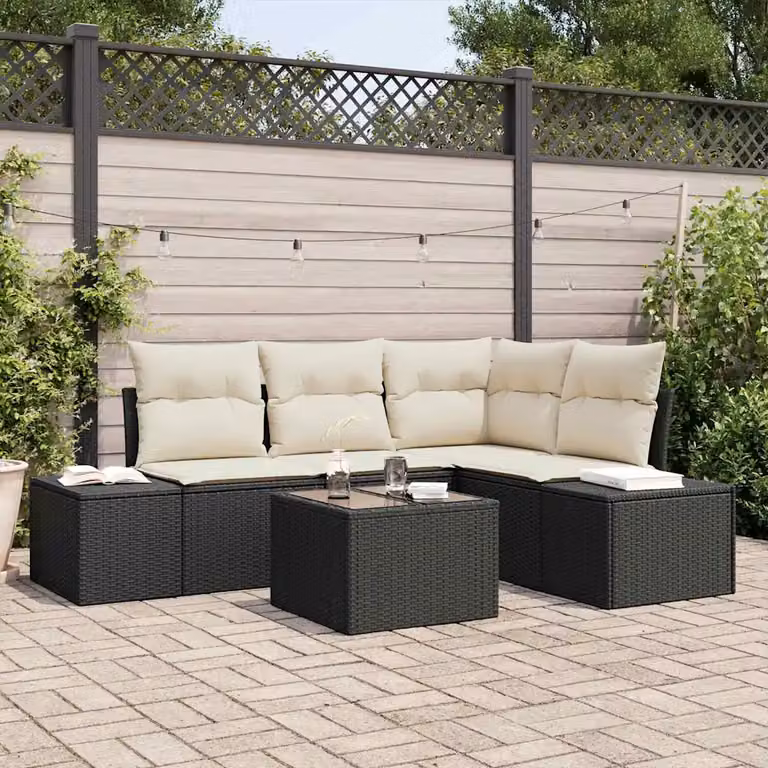 Set Divano da Giardino 5 Pezzi vidaXL in Polyrattan Nero con Cuscini Beige e Tavolino
