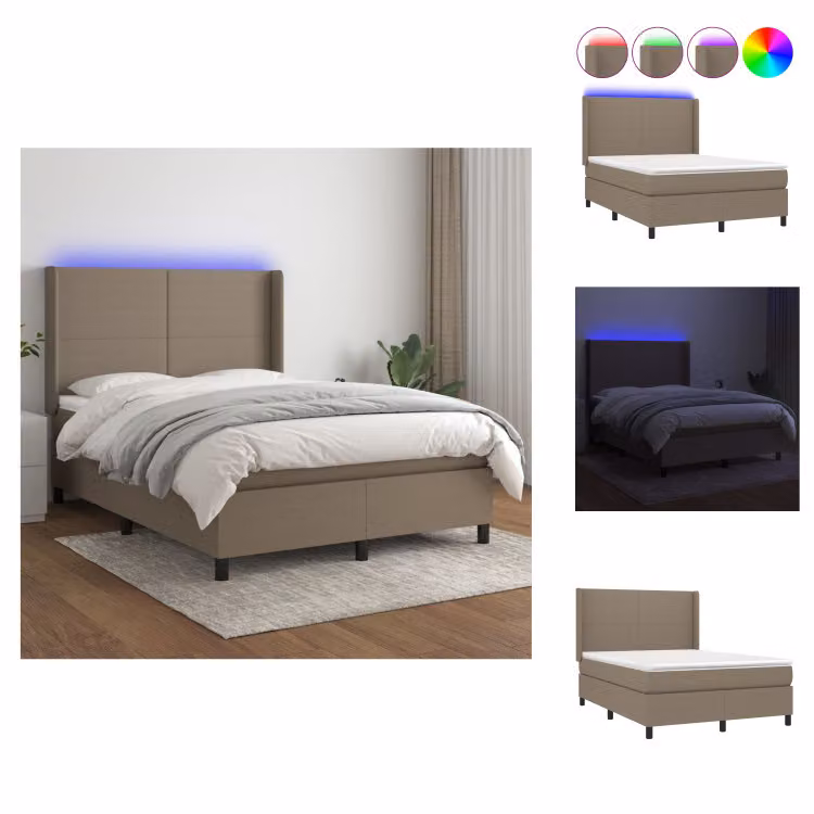vidaXL Letto a molle con materasso e tessuto LED Taupe 140x200 cm - Letti & strutture letto