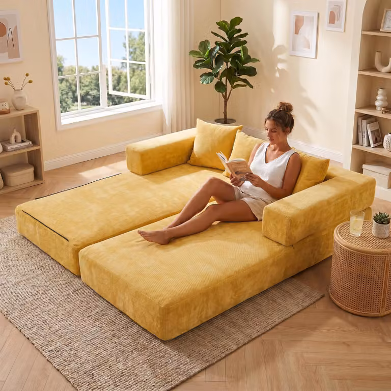 LVHOM Divano letto modulare in ciniglia, divano pieghevole da terra con tasca laterale, divano imbottito pieghevole 198x79/159cm, giallo