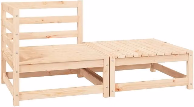 Set Salotto da Giardino con Divano a 2 Posti e Ottoman in Legno Massello di Pino con Cuscini Beige o Grigio