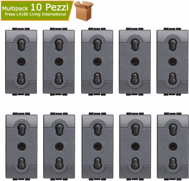 Multipack da 10 prese bipasso bivalenti Living International L4180 2P+T 10/16A 250V Grigio