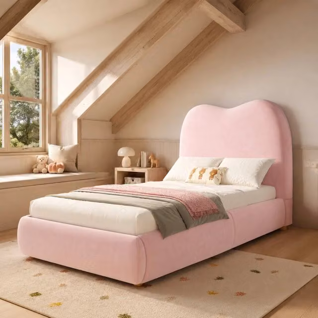 Letto per bambini REDOM con contenitore idraulico e rete a doghe in velluto rosa L/P: 90 x 200 cm