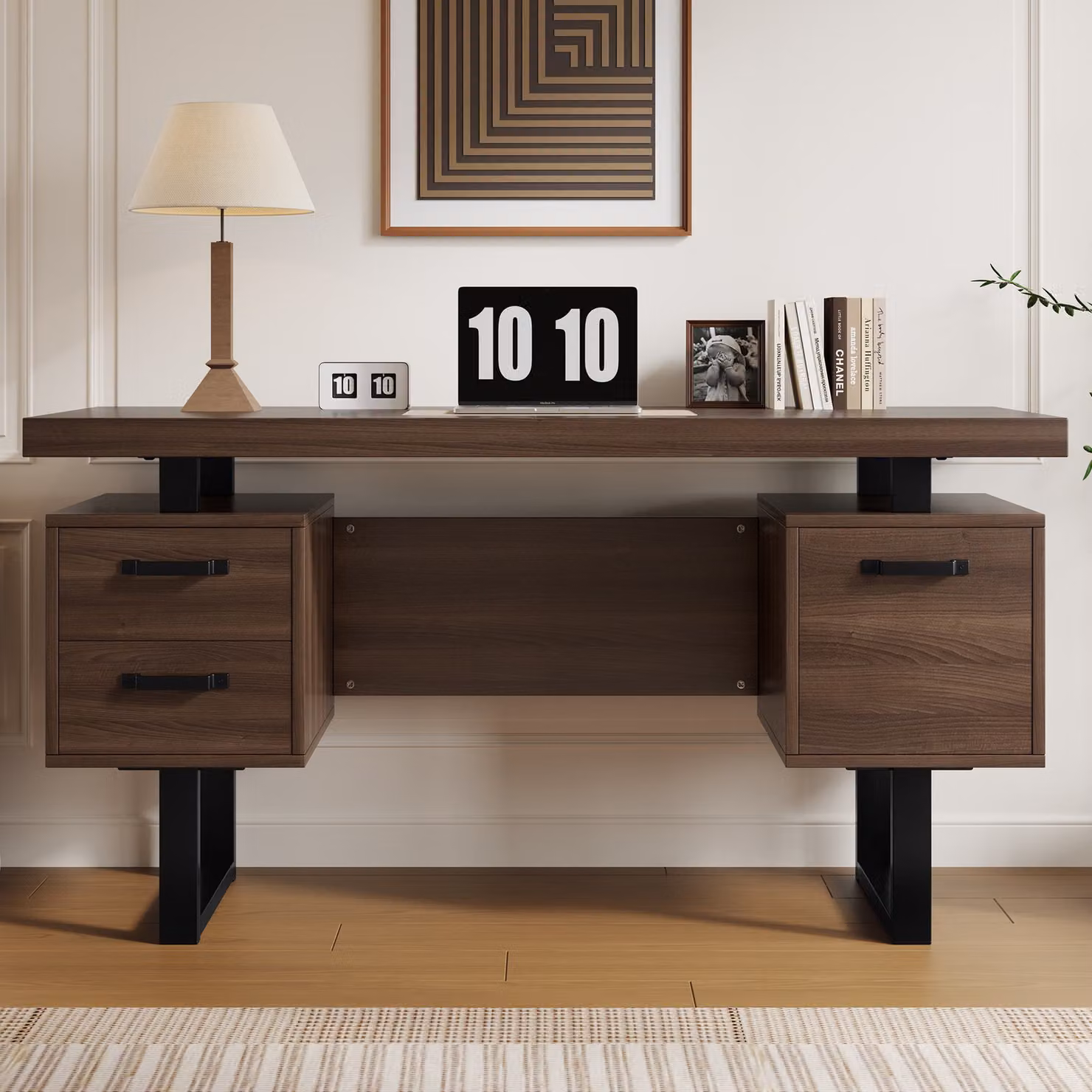 Scrivania da ufficio moderna NK Space con cassetti, piano in MDF laminato e struttura in metallo, L/P/H: 135 x 54 x 76 cm, Nero e Marrone – 2