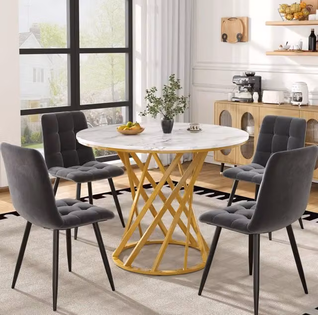 Set da pranzo 5 pezzi; tavolo rotondo 80x76 cm con motivo marmo; in MDF e metallo; multicolore