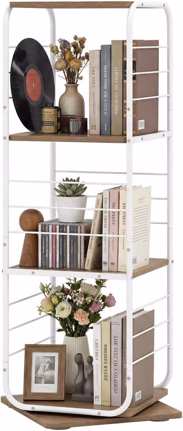 KOMFOTTEU Libreria, girevole a 360 gradi, scaffale angolare a 4 ripiani, salvaspazio, struttura in metallo, per ufficio, studio, soggiorno, 40 x 40 x 115 cm (bianco e naturale)