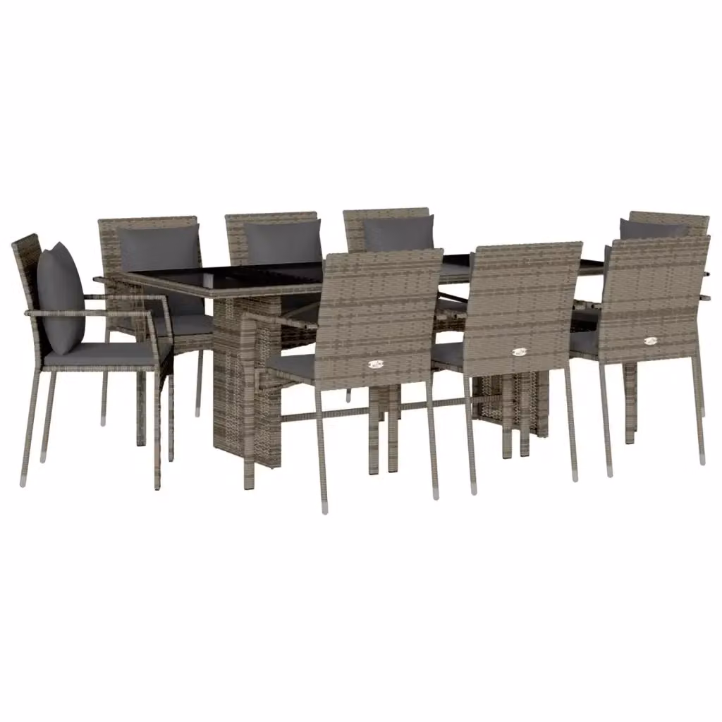 Set da pranzo da giardino vidaXL in polyrattan grigio con tavolo in vetro e 9 pezzi – 2