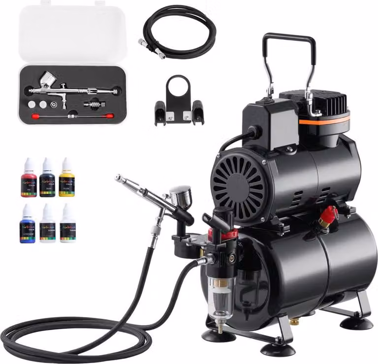 Set aerografo 1/6 hp - compressore d'aria e serbatoio - pistola ad aerografo a doppia azione con 3 ugelli (0,2/0,3/0,5 mm) e tubo flessibile e vernice acrilica - 1 ventaglio - per decorazione di torte, pittura di modelli, nail art