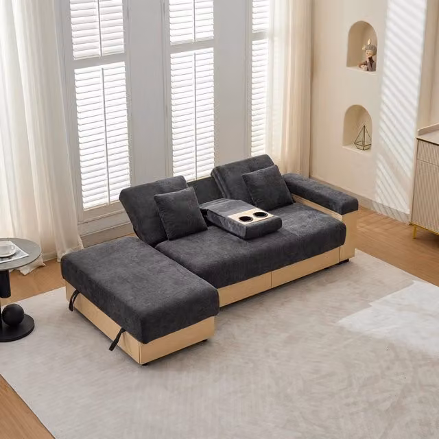Divano letto MIVRAY moderno in ciniglia grigia con schienale regolabile, portabicchieri e cuscini inclusi L: 217 cm, P: 90 cm, H: 90 cm