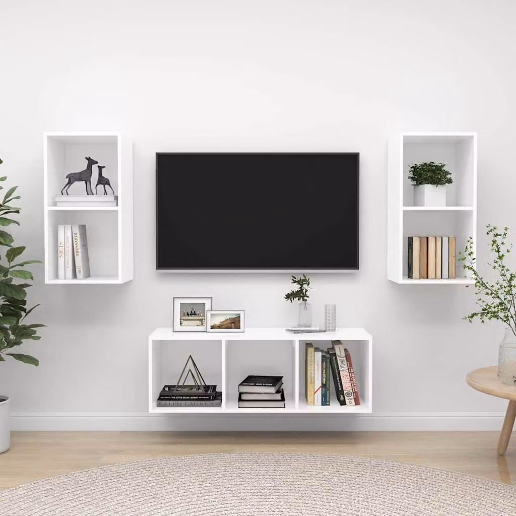 Set di mobili porta TV vidaXL in legno multistrato bianco, design minimalista a parete con scomparti multimediali