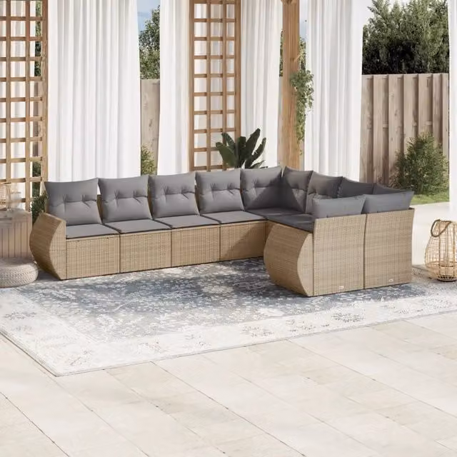 Set Divano da Giardino Moderno VIDAXL in Polyrattan con Cuscini Beige 9 pz