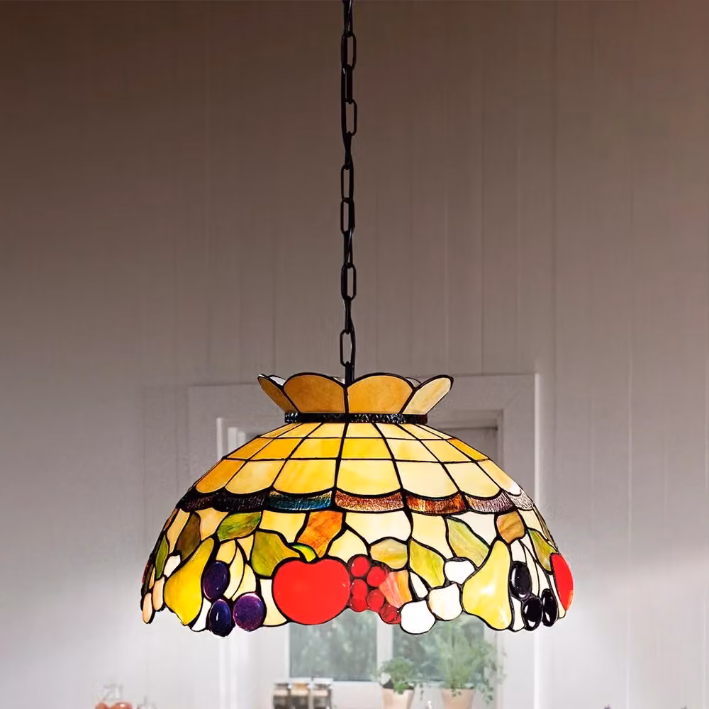Lampadario a sospensione Perenz in stile Art Nouveau con 3 luci in vetro multicolor e metallo nero – 2