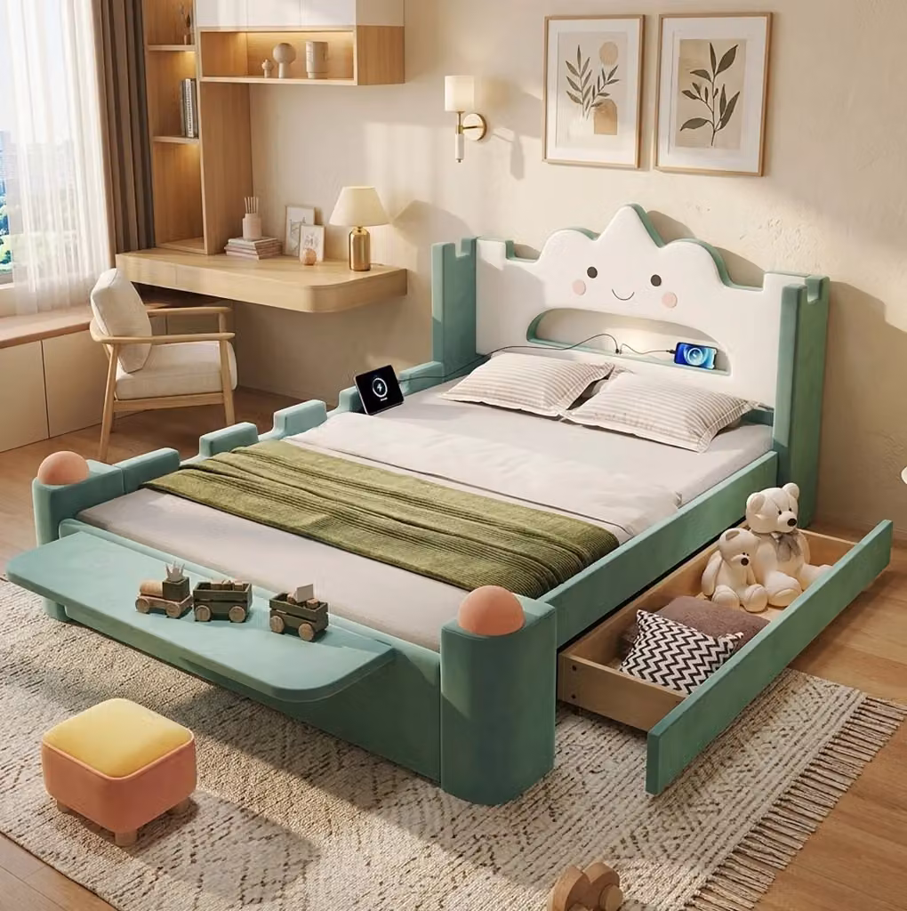 Letto per bambini moderno imbottito in velluto con contenitore, lampada LED integrata e porta USB, blu e verde, L/P: 200 x 140 cm – 2