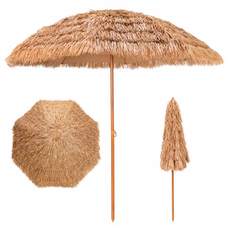 Ombrellone da spiaggia Hawaii, 205 cm, realizzato in paglia di PP con 8 stecche in metallo e protezione solare