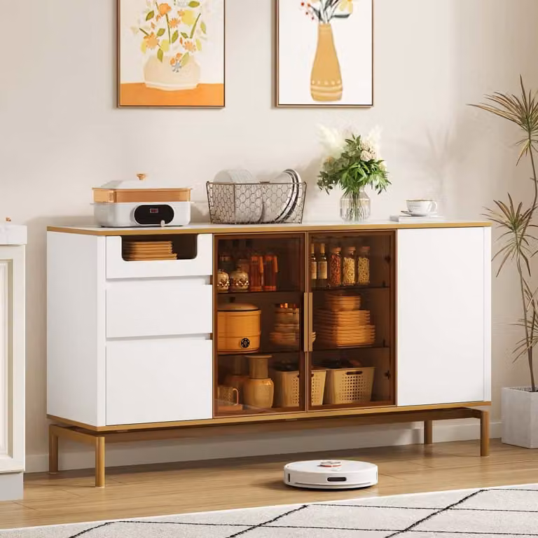 Cassettiera AIORBER, piano in marmo, intarsi dorati, vani in legno, con cassetti e vani in vetro, credenza, ideale per soggiorno e sala da pranzo, 150x40x80 cm, bianco